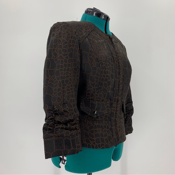 anthracite Brown Scale Print Zipper Closure 3/4 Ruched Sleeve Blazer, 10 - Picture 8 of 16